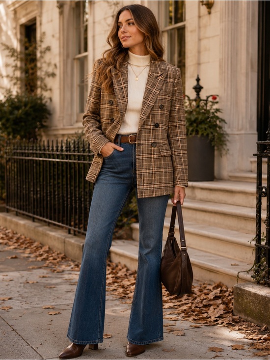 Listicle Jackets & Blazers - Listicle Plaid Double Breasted Blazer S Brown Academia Equestrian Preppy